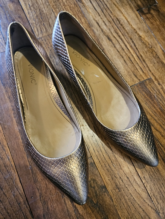 Vionic Shoes - Vionic Metallic Bronze Snake-Texture Pointed-Toe Flats